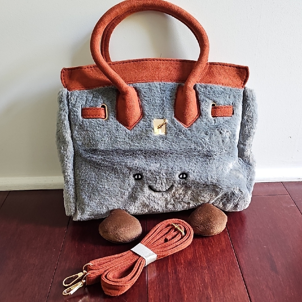 Plush Gray and Rust Tote Bag with Detachable Strap